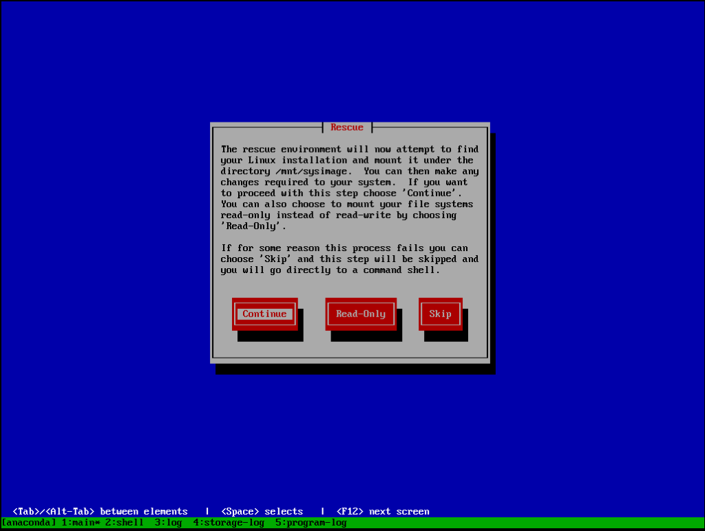 CentOS installation media rescue window