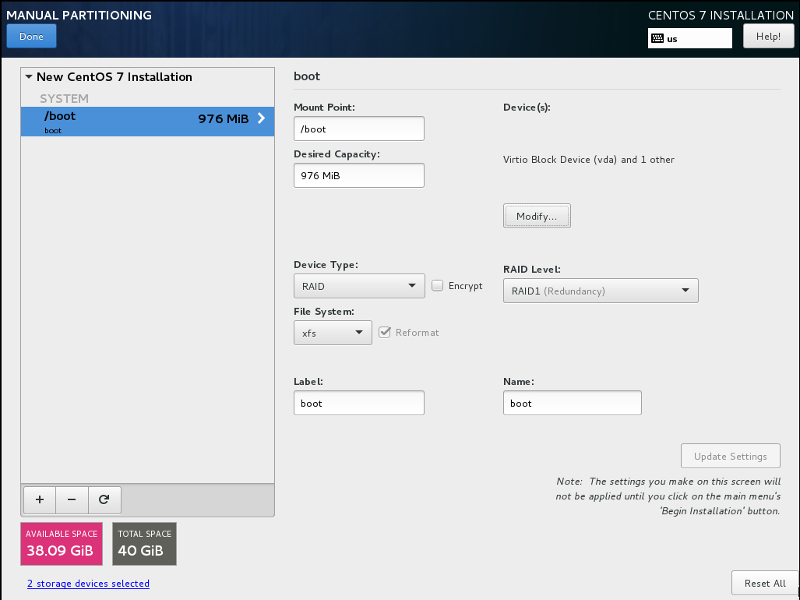 centos 7 raid 1 partitioning