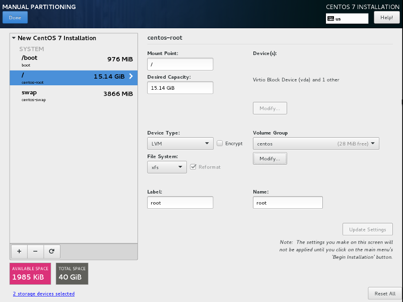 centos 7 root partition on LVM